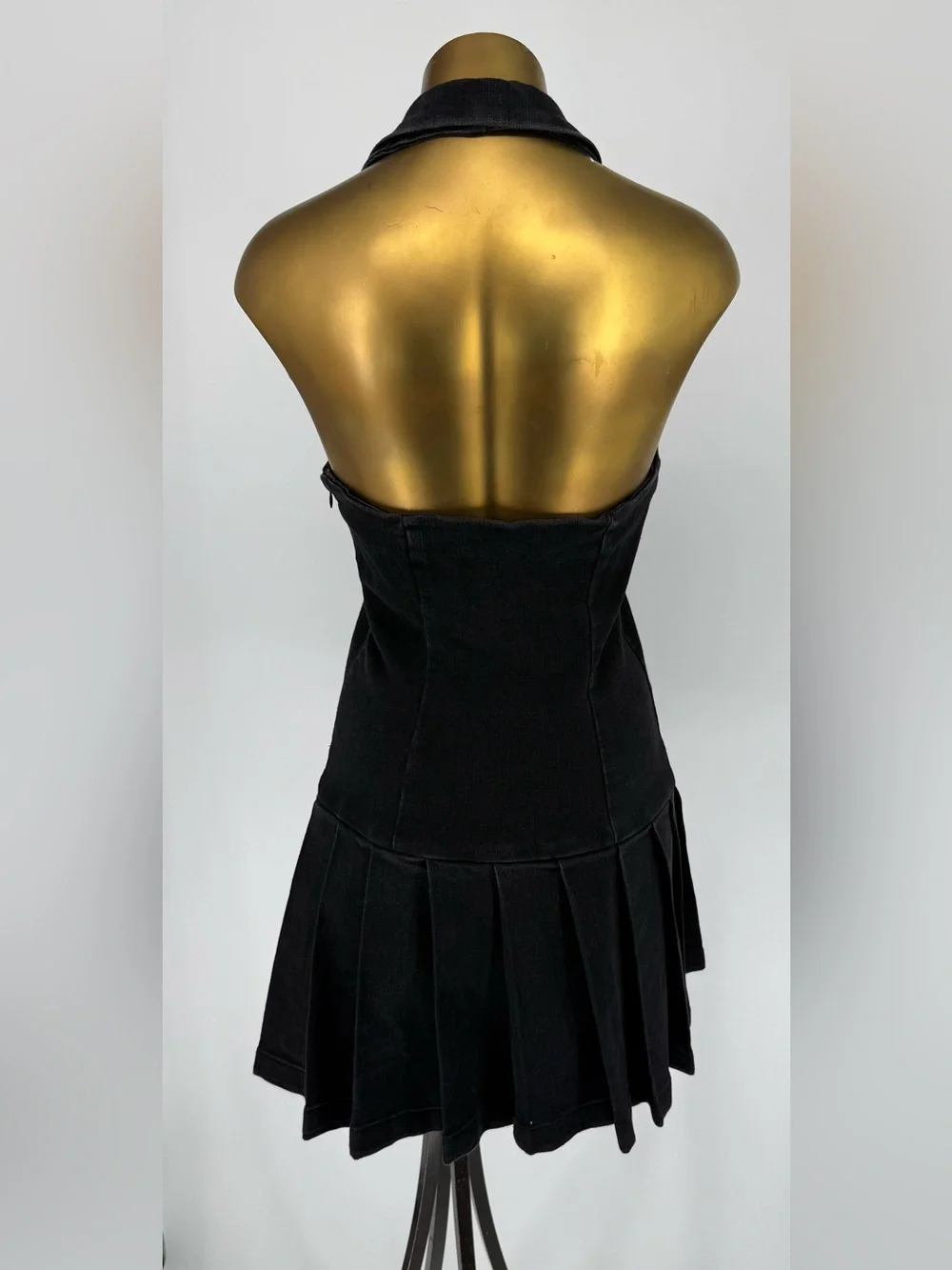 love, Fire Black Denim Collared V-Neck Pleated Mini Dress Open Back Size Medium